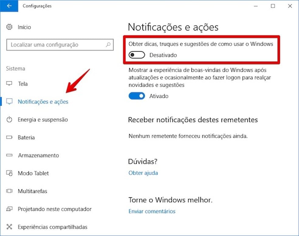 Desativando as dicas do Windows 10 (Foto: Reprodução/Helito Bijora)