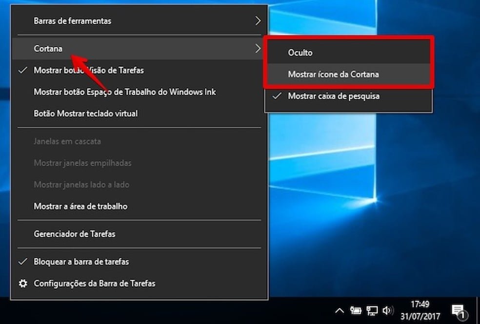Ocultando a barra de buscas da Cortana (Foto: Reprodução/Helito Bijora)